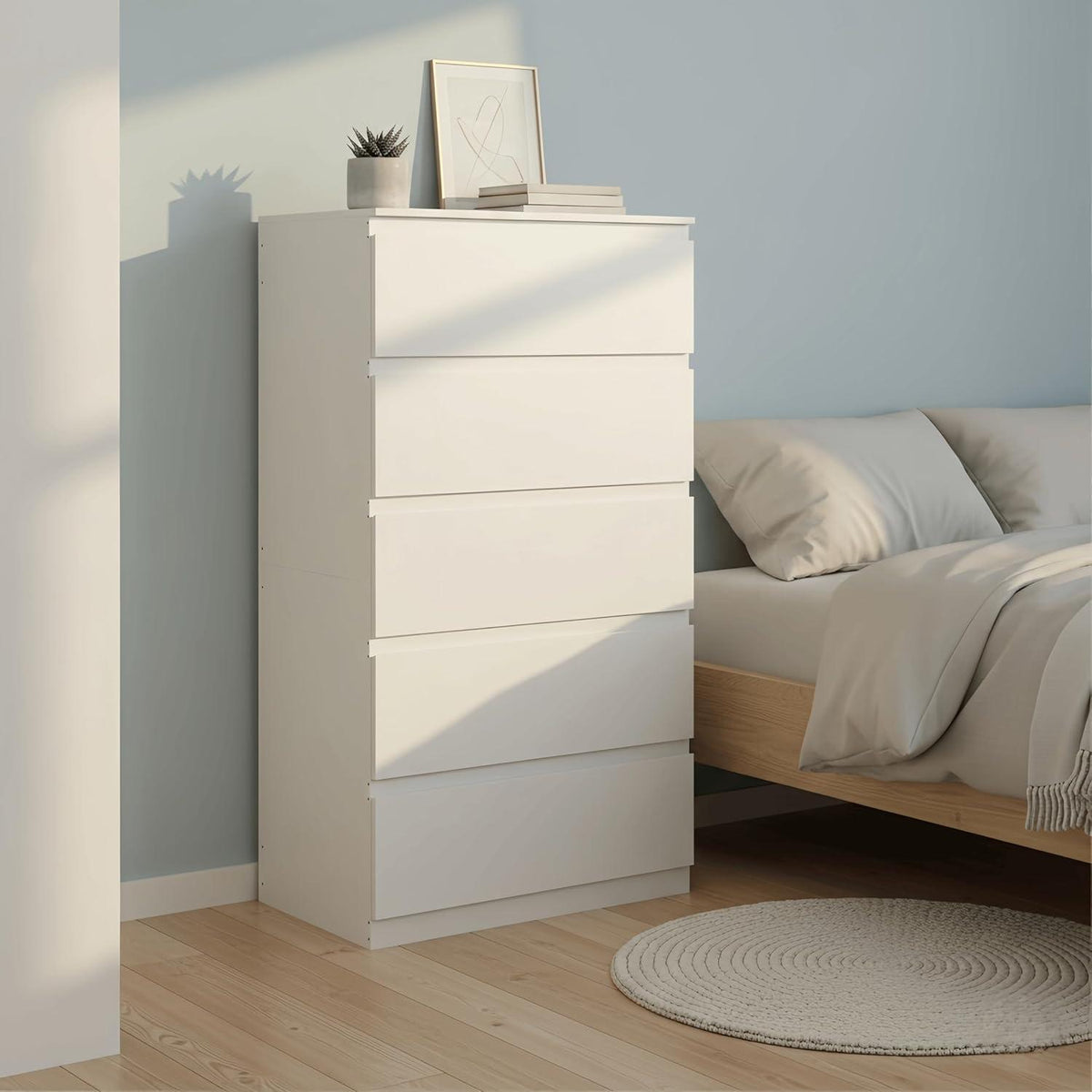 Kommode mit 5 Schubladen | Schmale Weiß Kommode für Schlafzimmer