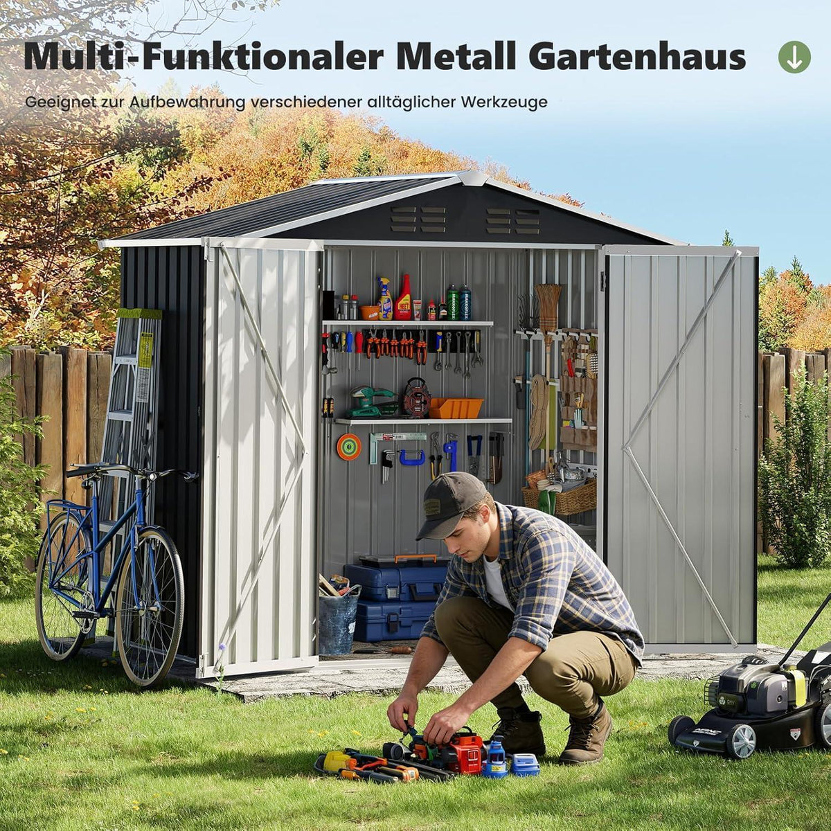 Metall Gartenhaus 3,7 m³ – 196x132x185 cm, Gerätehaus & Fahrradgarage