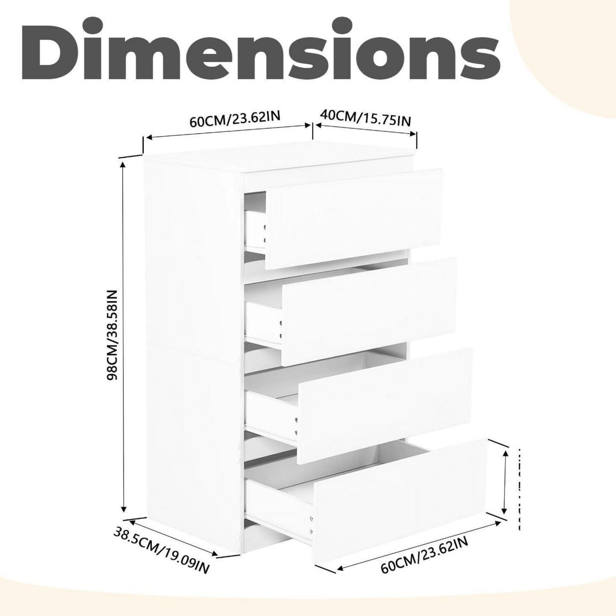 Kommode mit 4 Schubladen, Weiß – Schmaler Nachttisch/Sideboard