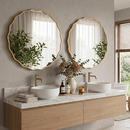 Runder Wellen-Wandspiegel Gold 80x80 cm – Modernes Badezimmerdesign
