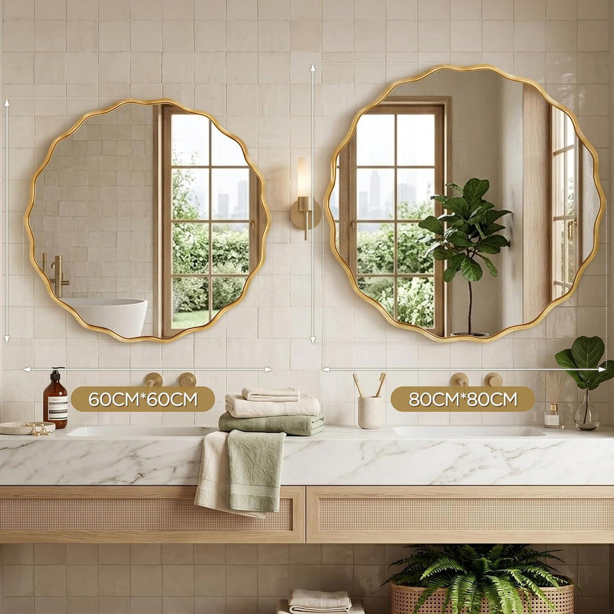 Runder Wellen-Wandspiegel Gold 60x60cm – Modernes Badezimmer Design