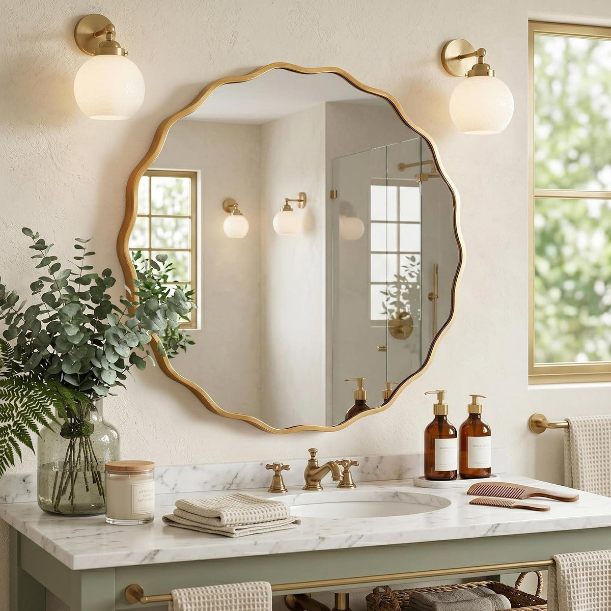 Runder Wellen-Wandspiegel Gold 60x60cm – Modernes Badezimmer Design