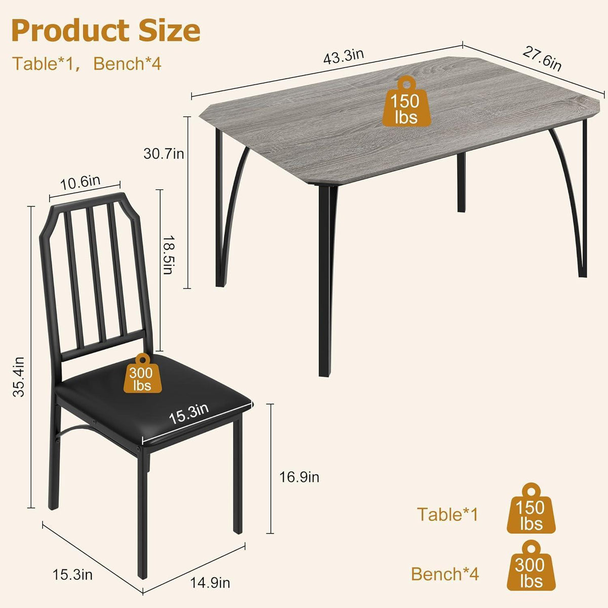 Esszimmer-Set Grau 5-teilig: Esstisch & 4 gepolsterte Stühle