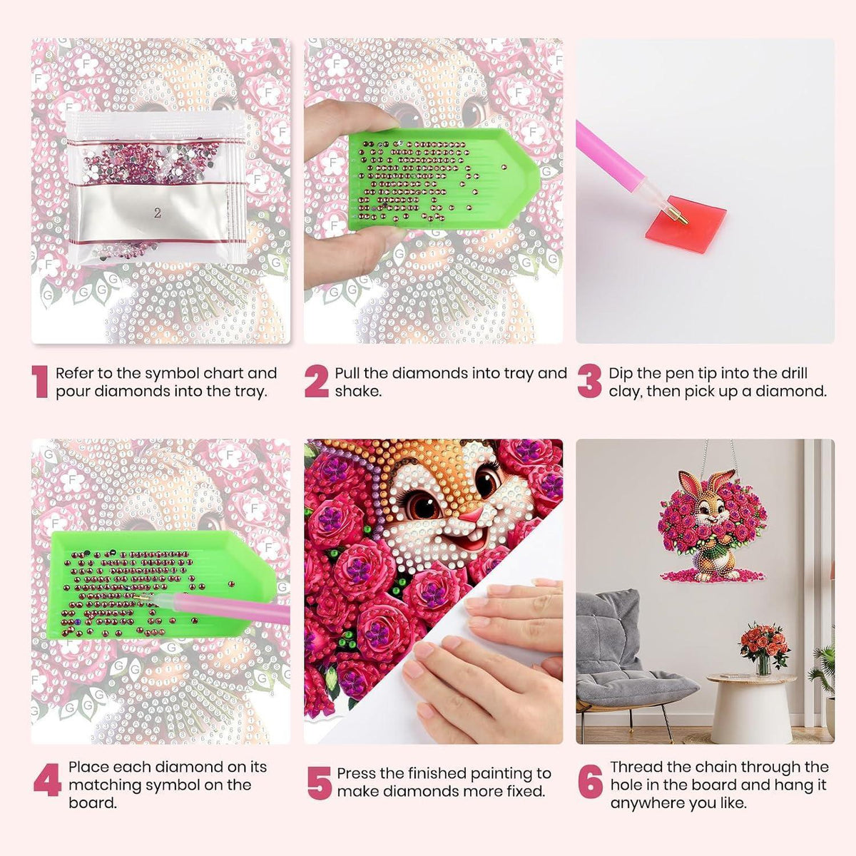 Diamant Painting Rosen Kaninchen Set mit Kette – DIY Wanddeko