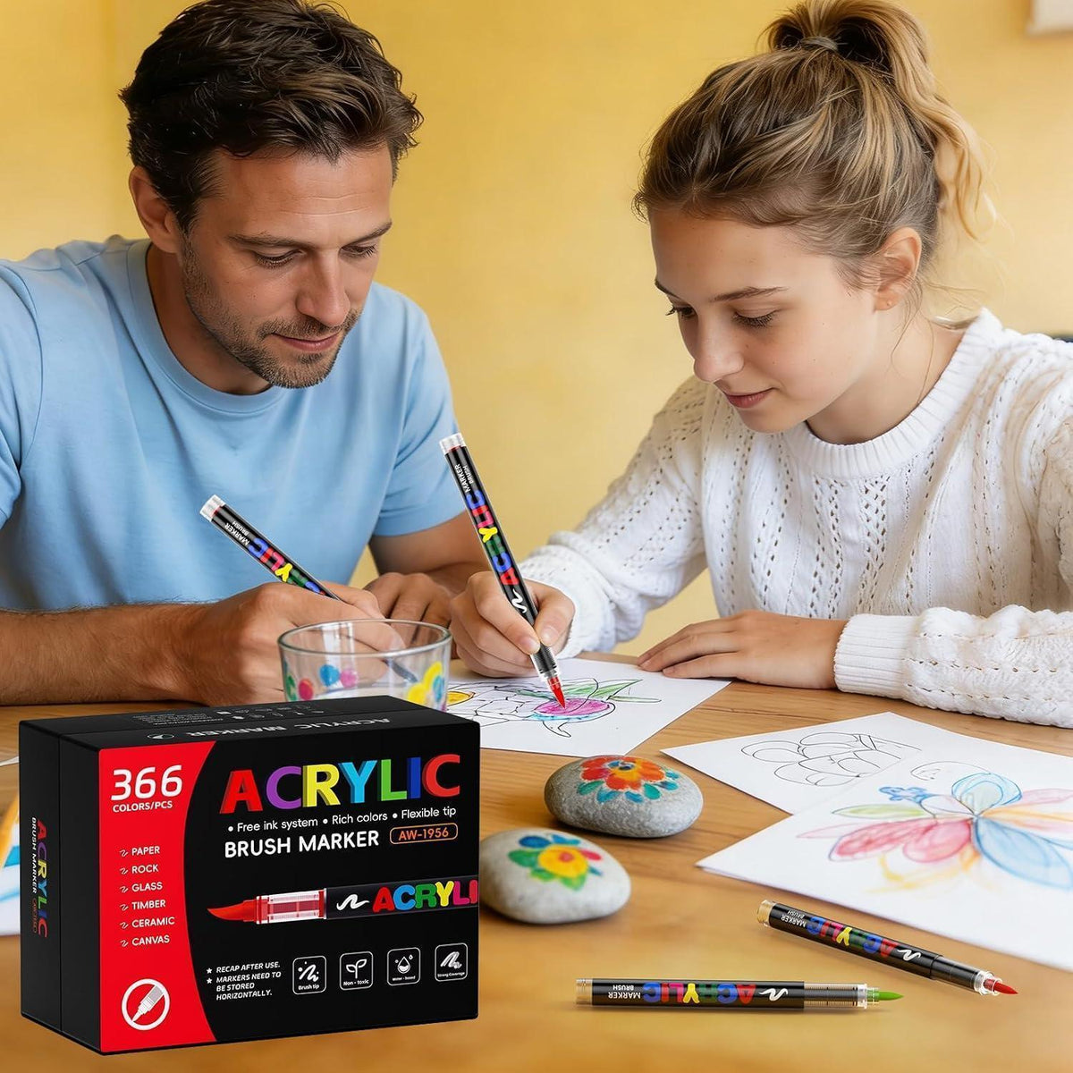 Acrylstifte Set 366 Farben – Pinselspitze für Steine, Holz & mehr