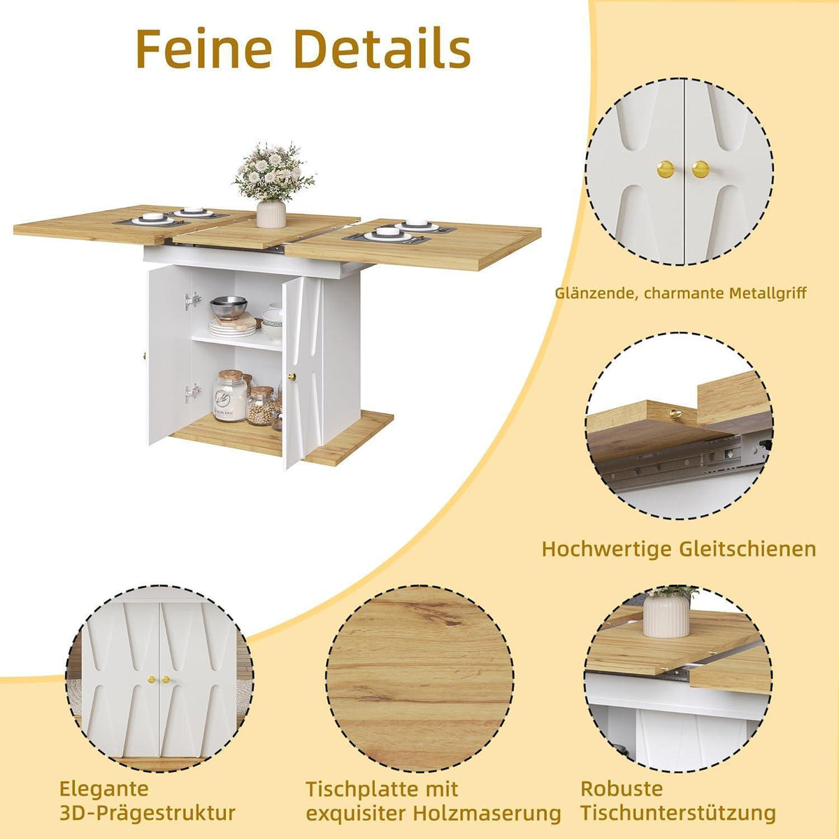 Ausziehbarer Esstisch Weiß+Holz für 4-6 Personen mit Stauraum