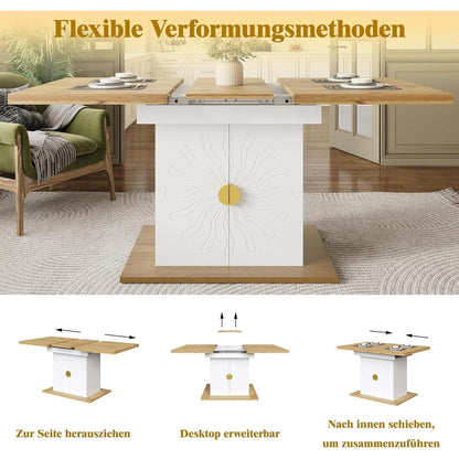 Ausziehbarer Esstisch mit Stauraum & Sonnenrelief – Weiß+Holz