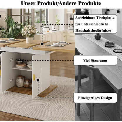 Ausziehbarer Esstisch mit Stauraum & Sonnenrelief – Weiß+Holz