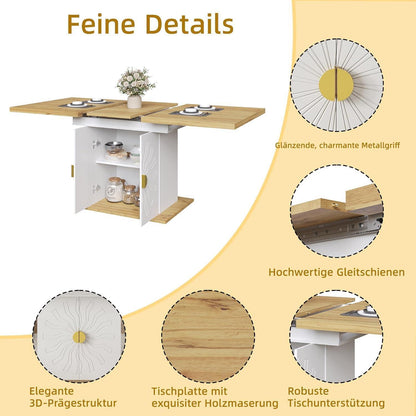 Ausziehbarer Esstisch mit Stauraum & Sonnenrelief – Weiß+Holz
