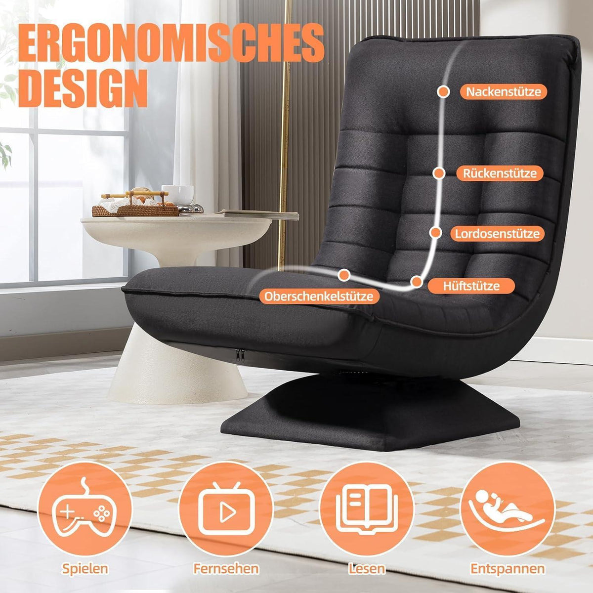 Verstellbarer Wohnzimmer Sessel – 360° Drehbar, Schwarz/Leinen