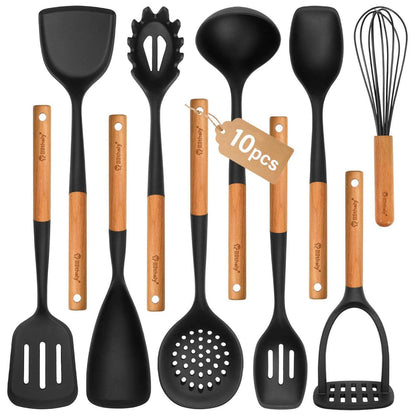 10-teiliges Silikon Küchenhelfer Set mit Holzgriffen