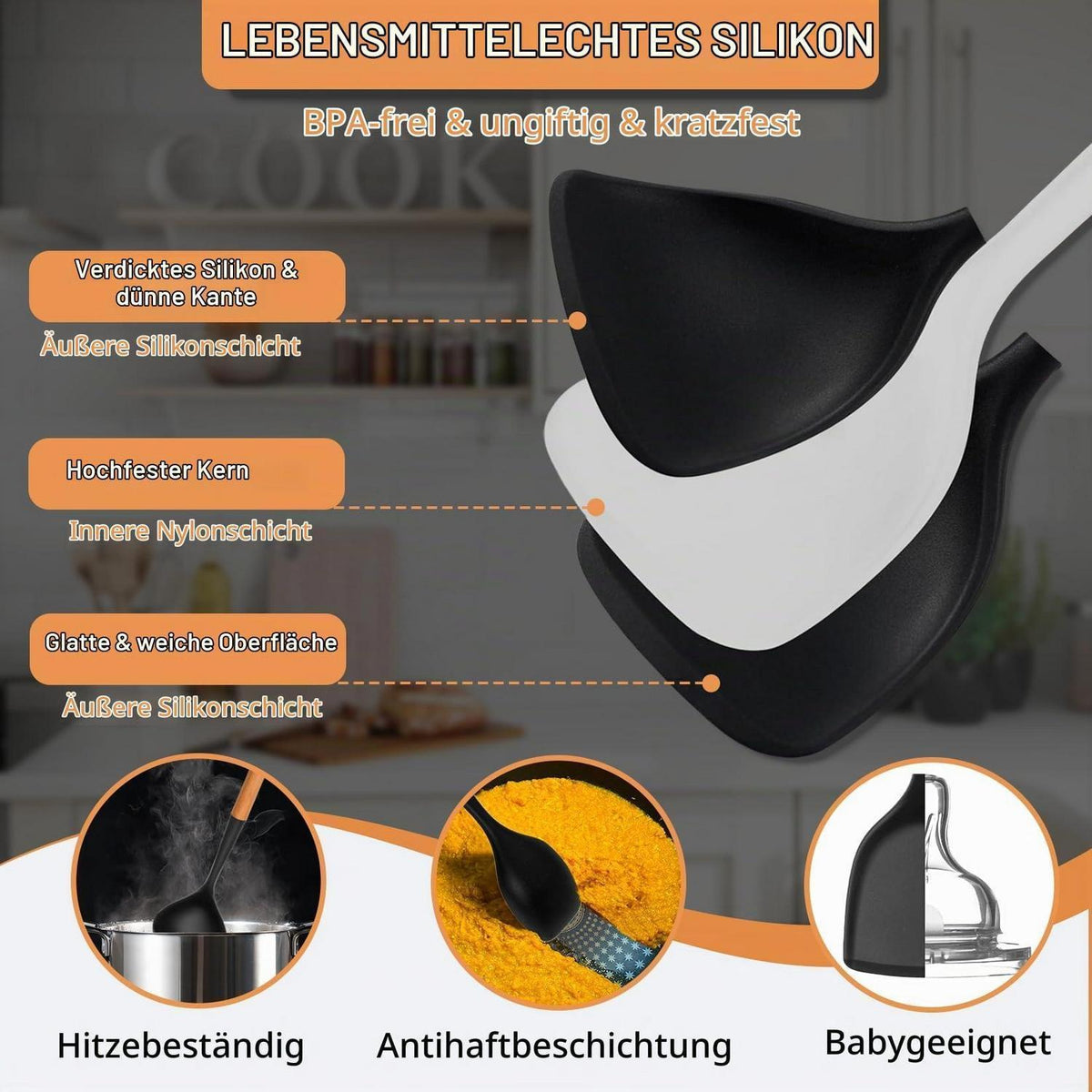 10-teiliges Silikon Küchenhelfer Set mit Holzgriffen