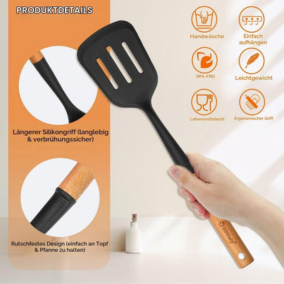 10-teiliges Silikon Küchenhelfer Set mit Holzgriffen