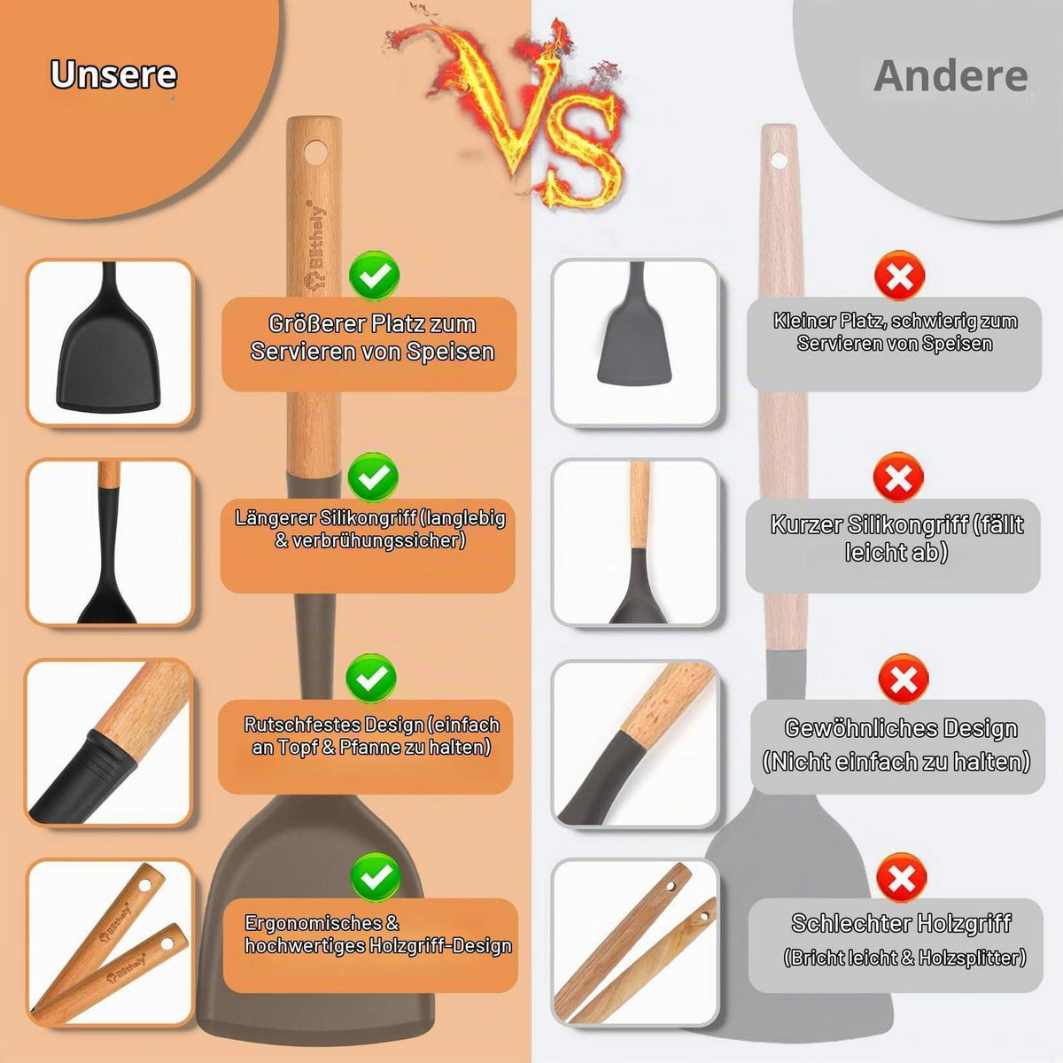 10-teiliges Silikon Küchenhelfer Set mit Holzgriffen