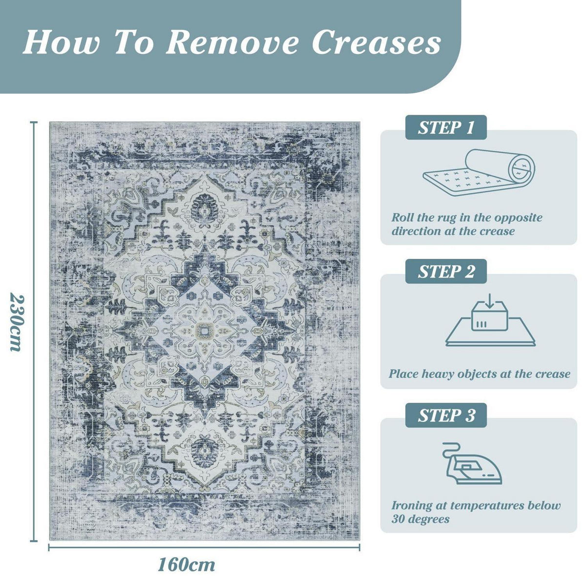 Waschbarer Vintage Teppich Blau 160x230cm – Boho Kurzflor Wohnzimmer