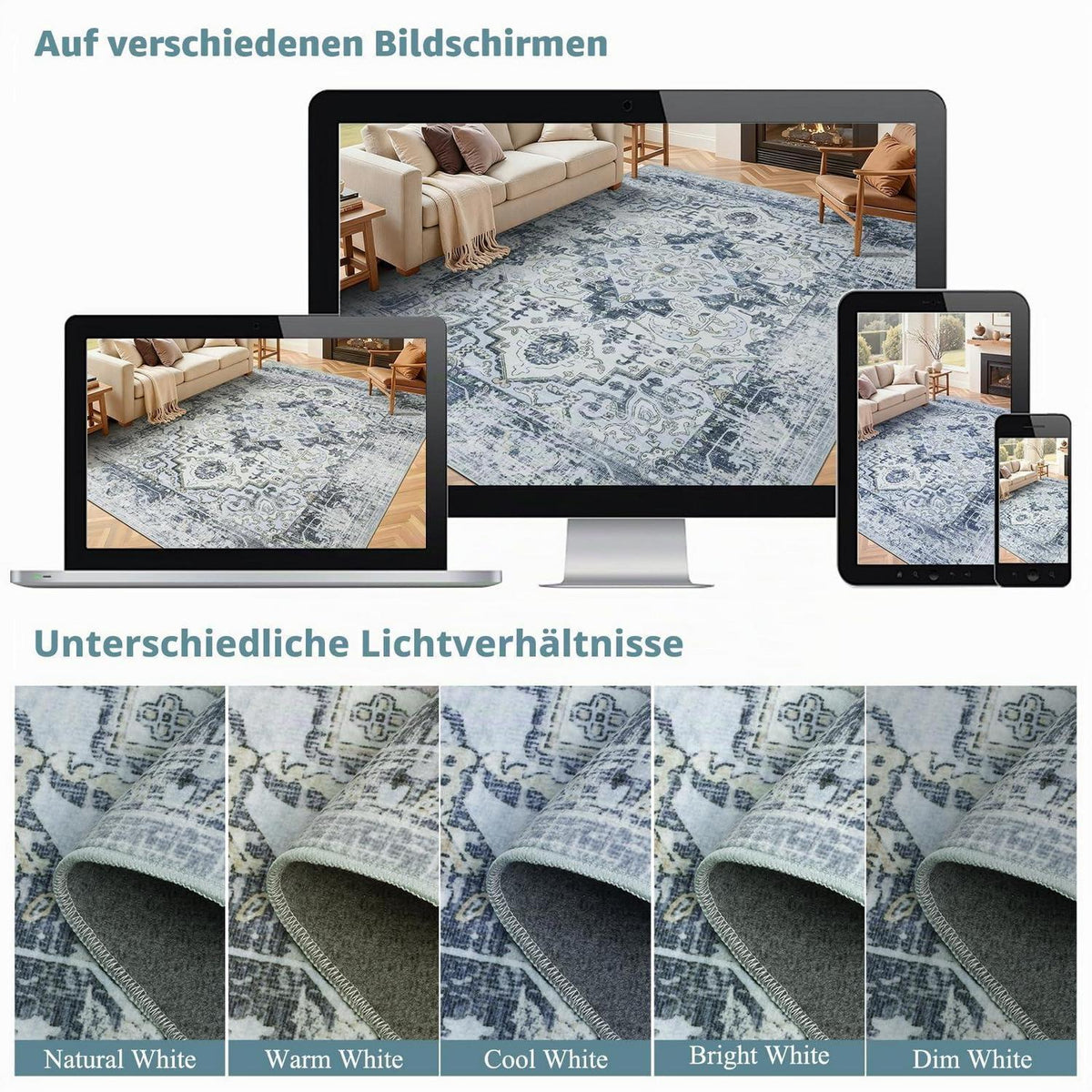 Waschbarer Vintage Teppich Blau 160x230cm – Boho Kurzflor Wohnzimmer