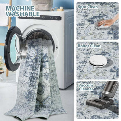 Waschbarer Vintage Teppich Blau 160x230cm – Boho Kurzflor Wohnzimmer