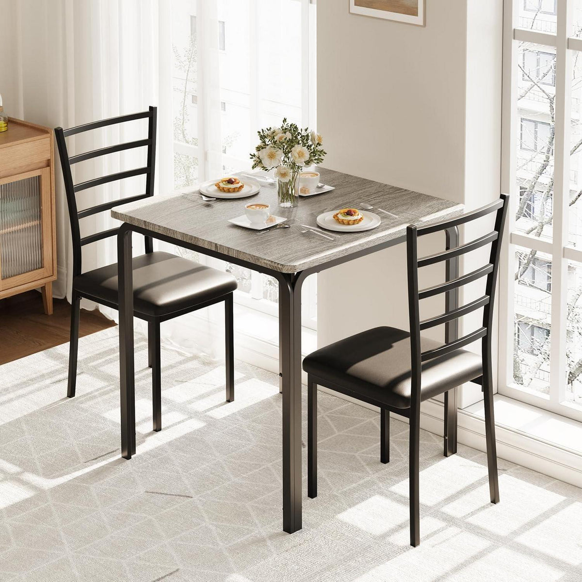 3-teiliges Esszimmer-Set Grau – Kleiner Esstisch mit Stühlen