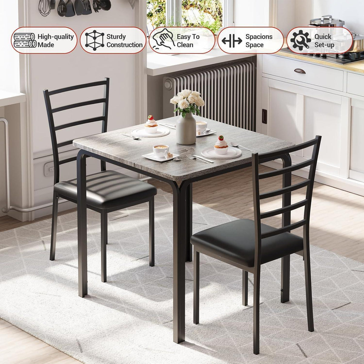 3-teiliges Esszimmer-Set Grau – Kleiner Esstisch mit Stühlen
