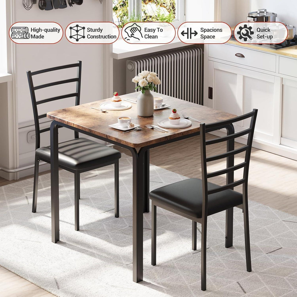 3-teiliges Esszimmer-Set Braun – Kleiner Esstisch mit Stühlen