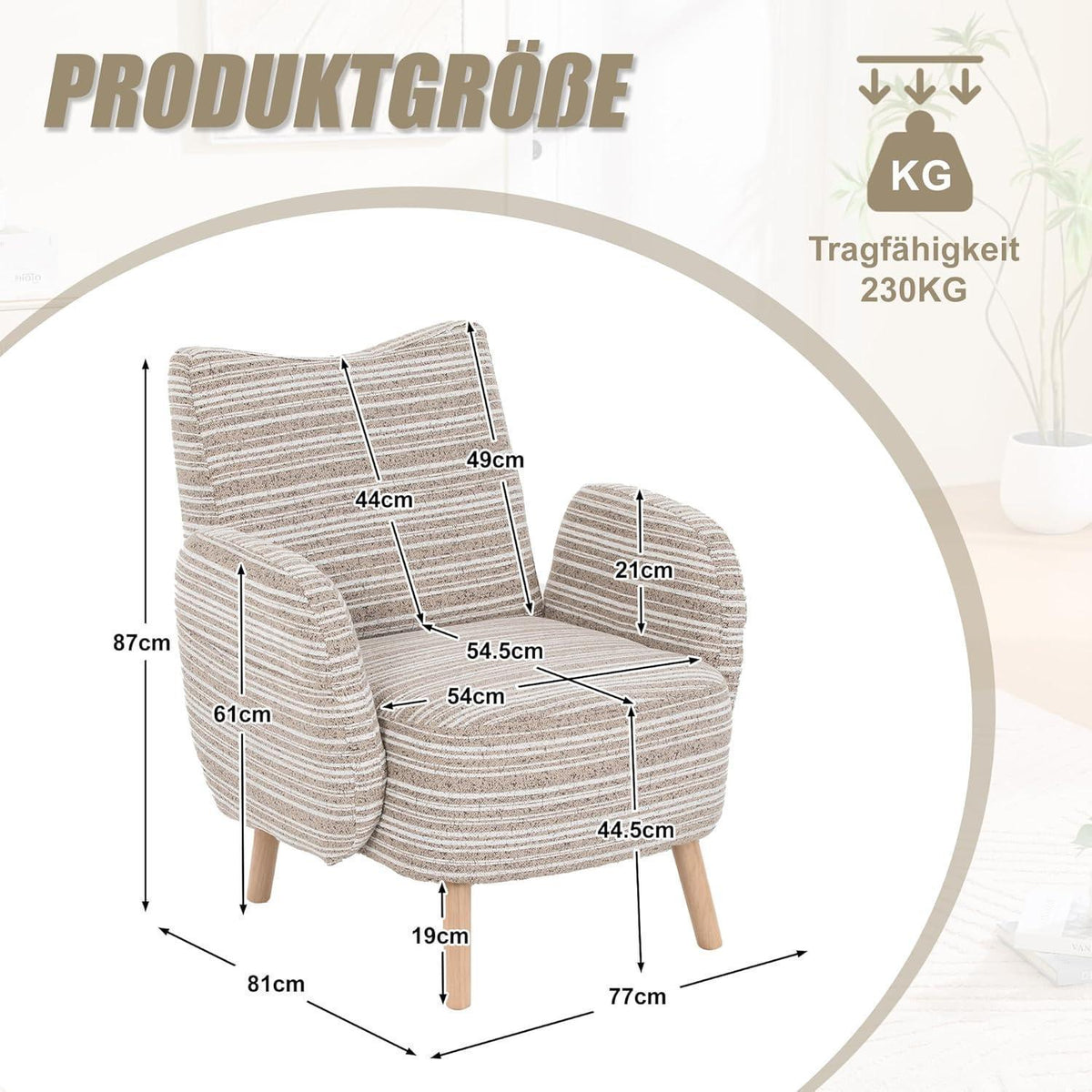 Ohrensessel Relaxsessel mit Bouclé Stoff & Massivholzbeinen Khaki