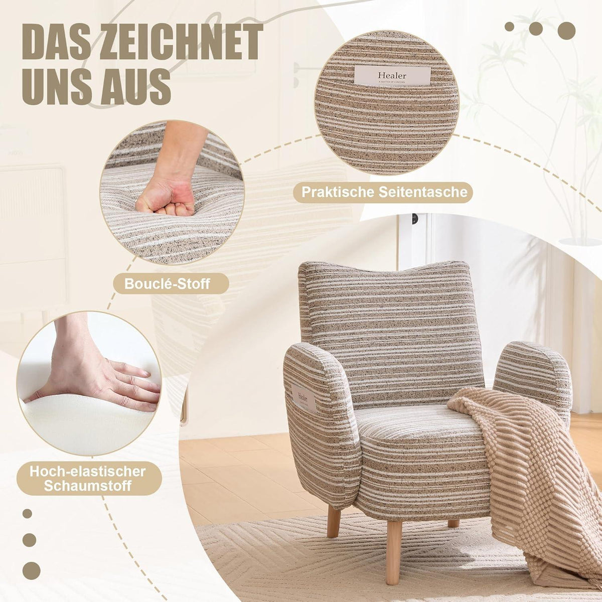 Ohrensessel Relaxsessel mit Bouclé Stoff & Massivholzbeinen Khaki