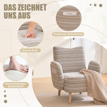 Ohrensessel Relaxsessel mit Bouclé Stoff & Massivholzbeinen Khaki