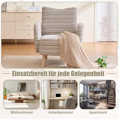 Ohrensessel Relaxsessel mit Bouclé Stoff & Massivholzbeinen Khaki