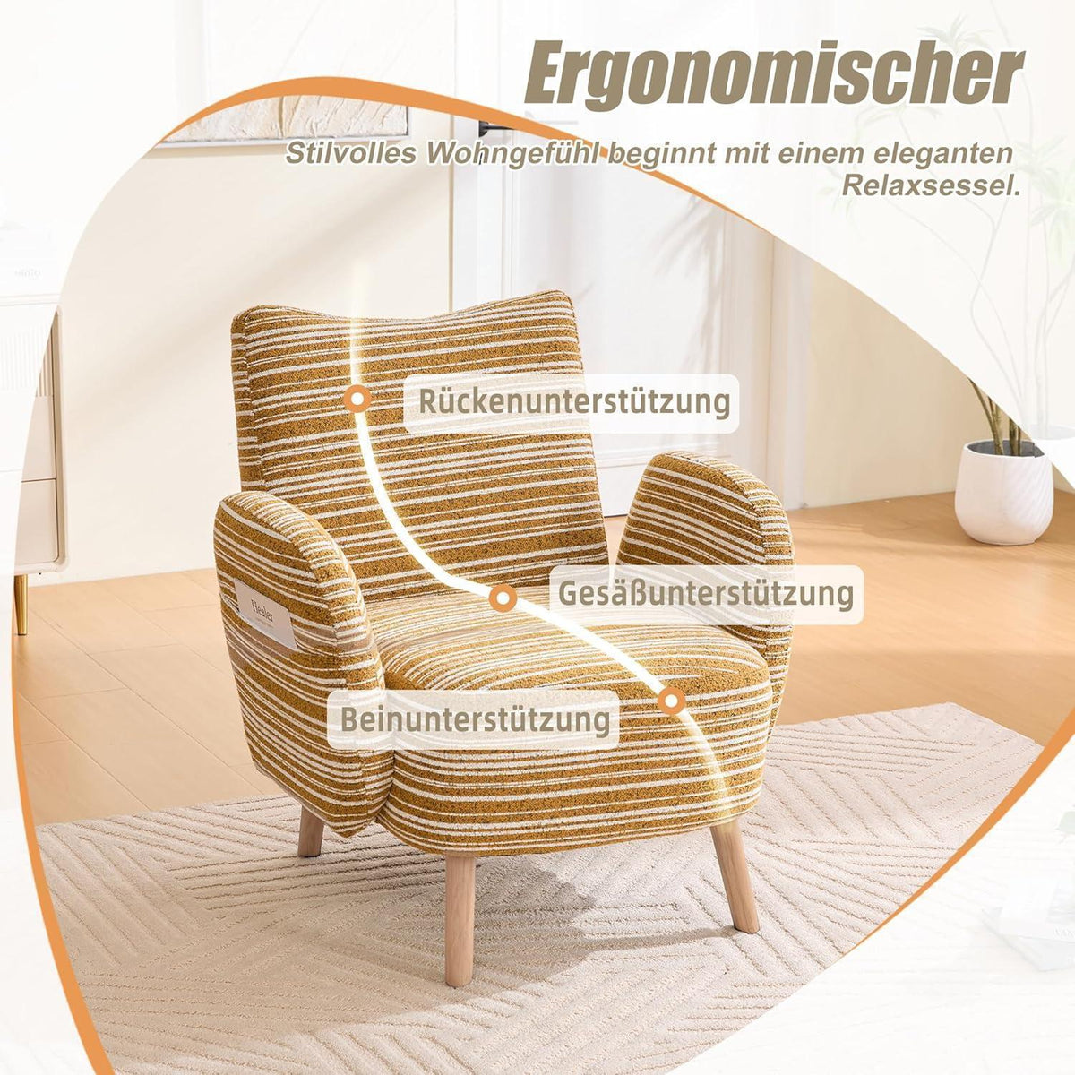 Ohrensessel Relaxsessel Gelb mit Massivholzbeinen