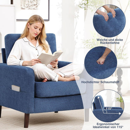 Blauer Lesesessel mit Holzbeinen – Bequemer Wohnzimmerstuhl
