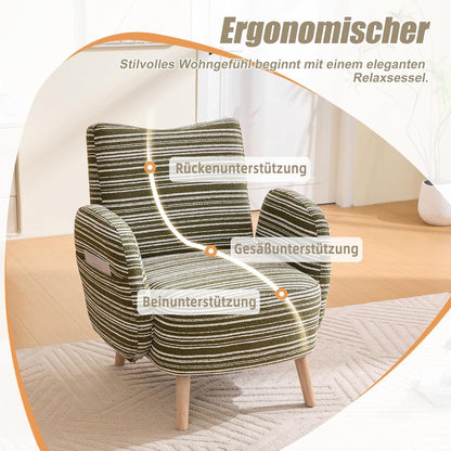 Ohrensessel Relaxsessel Bouclé Olivgrün – Bequemer Lesesessel mit Stauraum