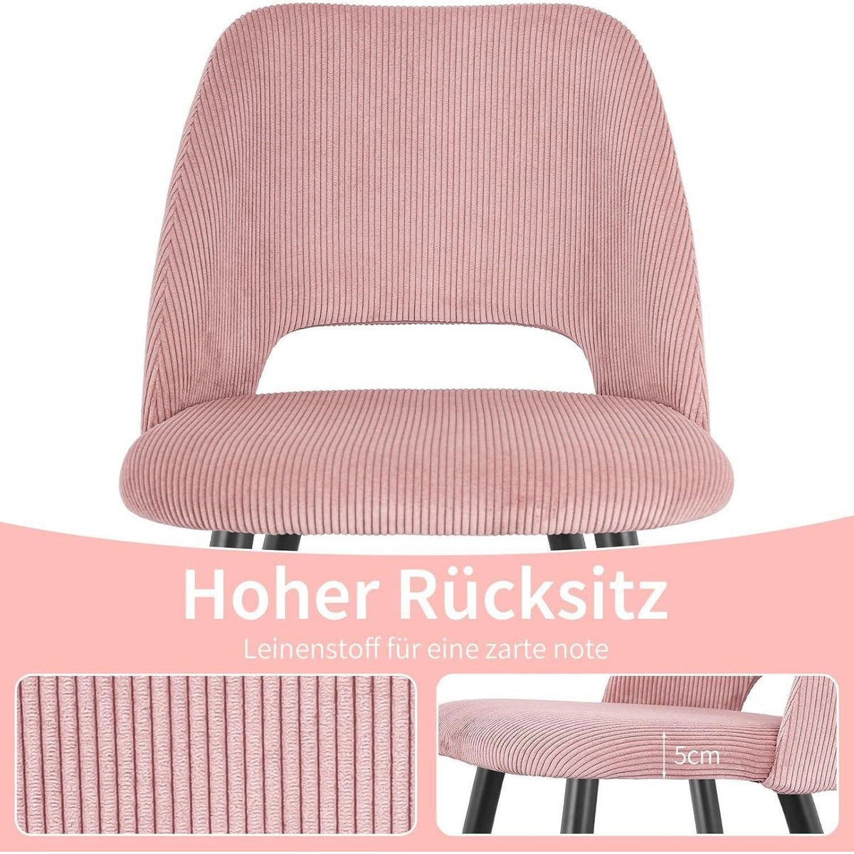2er Set Esszimmerstühle Rosa Cordstoff, Ergonomisch & Robust