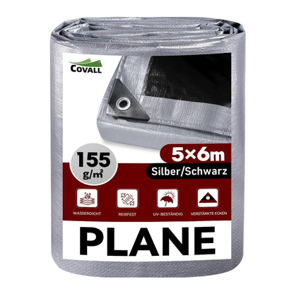 Wasserdichte Abdeckplane 5x6m – LKW Plane, Silber/Schwarz