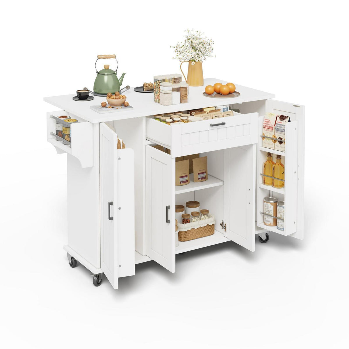 Mobile Kücheninsel mit Klappplatte & Gewürzregalen – Weiß