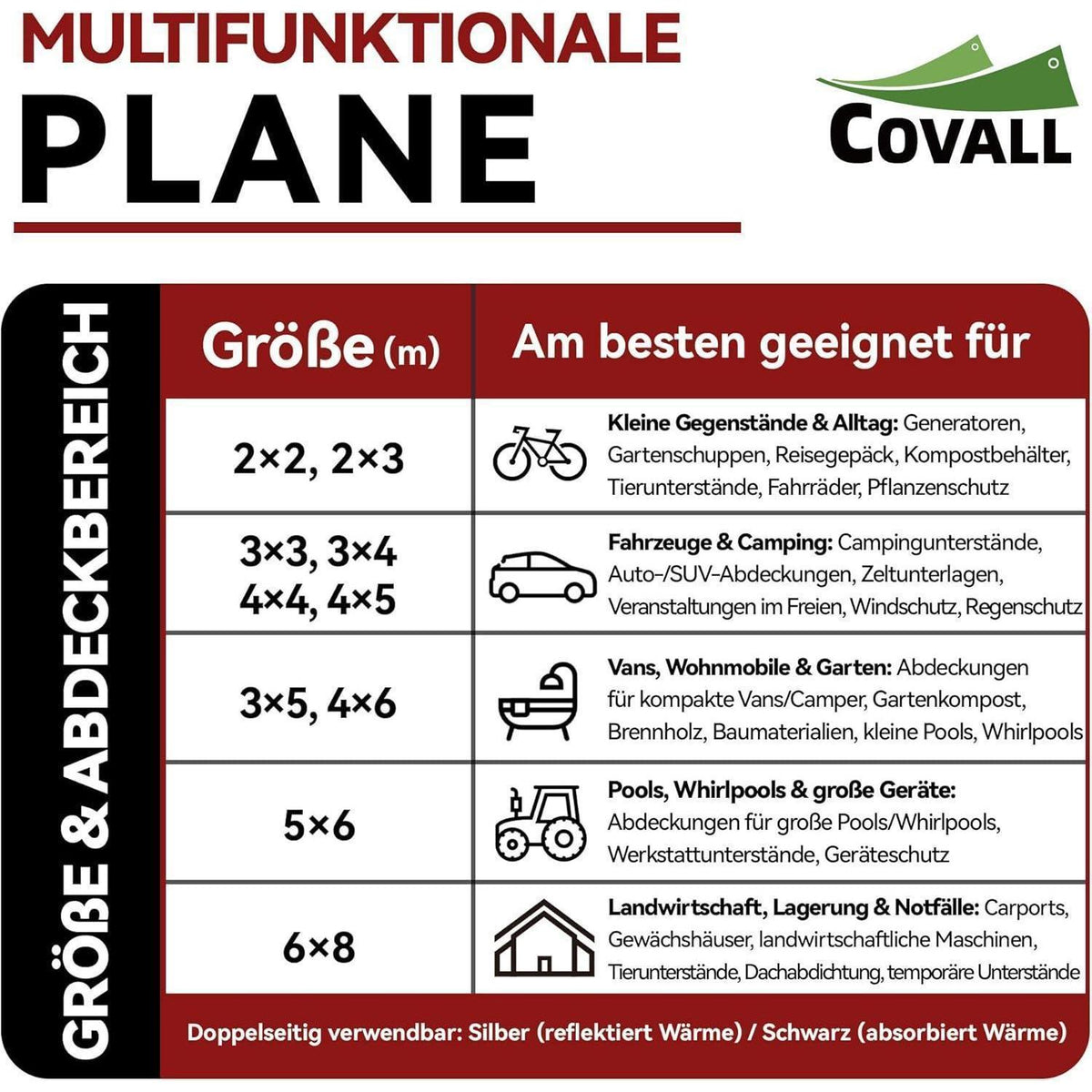 Wasserdichte Abdeckplane 6x8m – LKW Plane, Silber/Schwarz