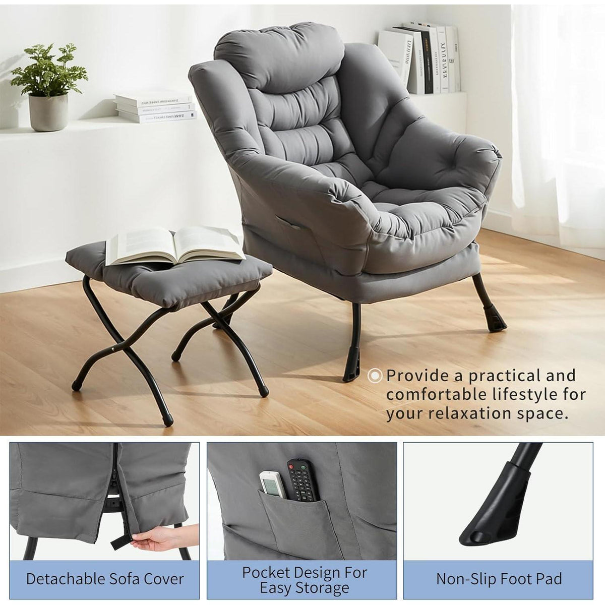 Clevich Ohrensessel mit Hocker – Bequemer Lazy Chair für Wohnzimmer