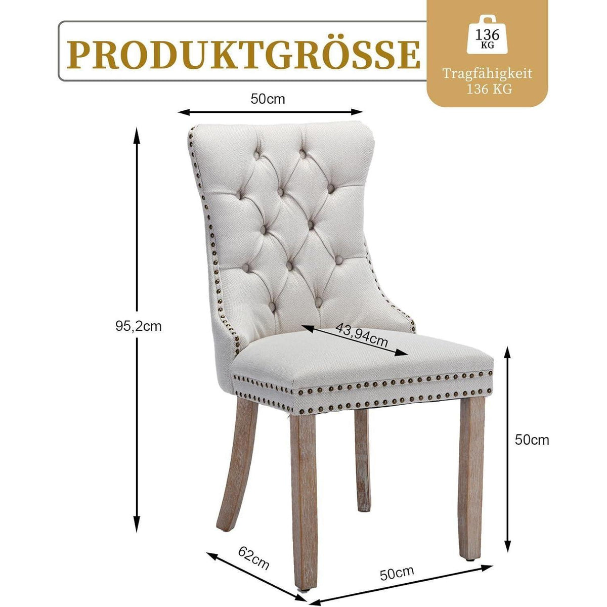 Gepolsterte Esszimmerstühle 6er Set, Beige Leinenstoff