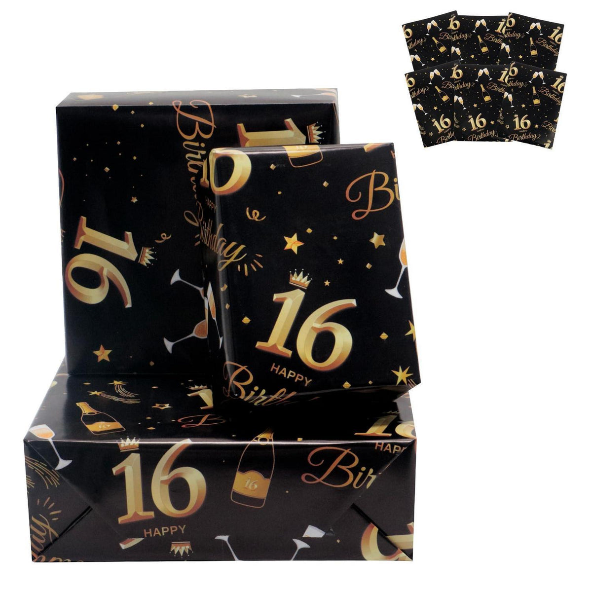Geschenkpapier 16. Geburtstag Schwarz Gold 6 Bögen