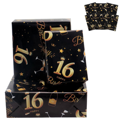 Geschenkpapier 16. Geburtstag Schwarz Gold 6 Bögen