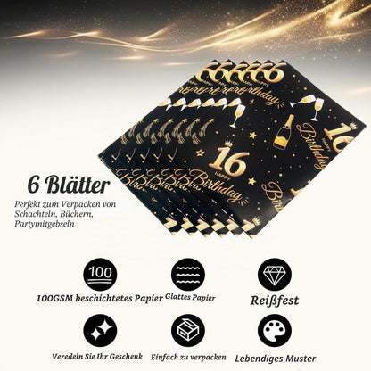 Geschenkpapier 16. Geburtstag Schwarz Gold 6 Bögen
