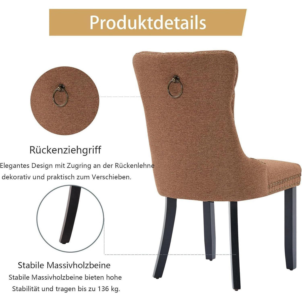 Gepolsterte Esszimmerstühle 4er-Set, Braun, Leinenstoff