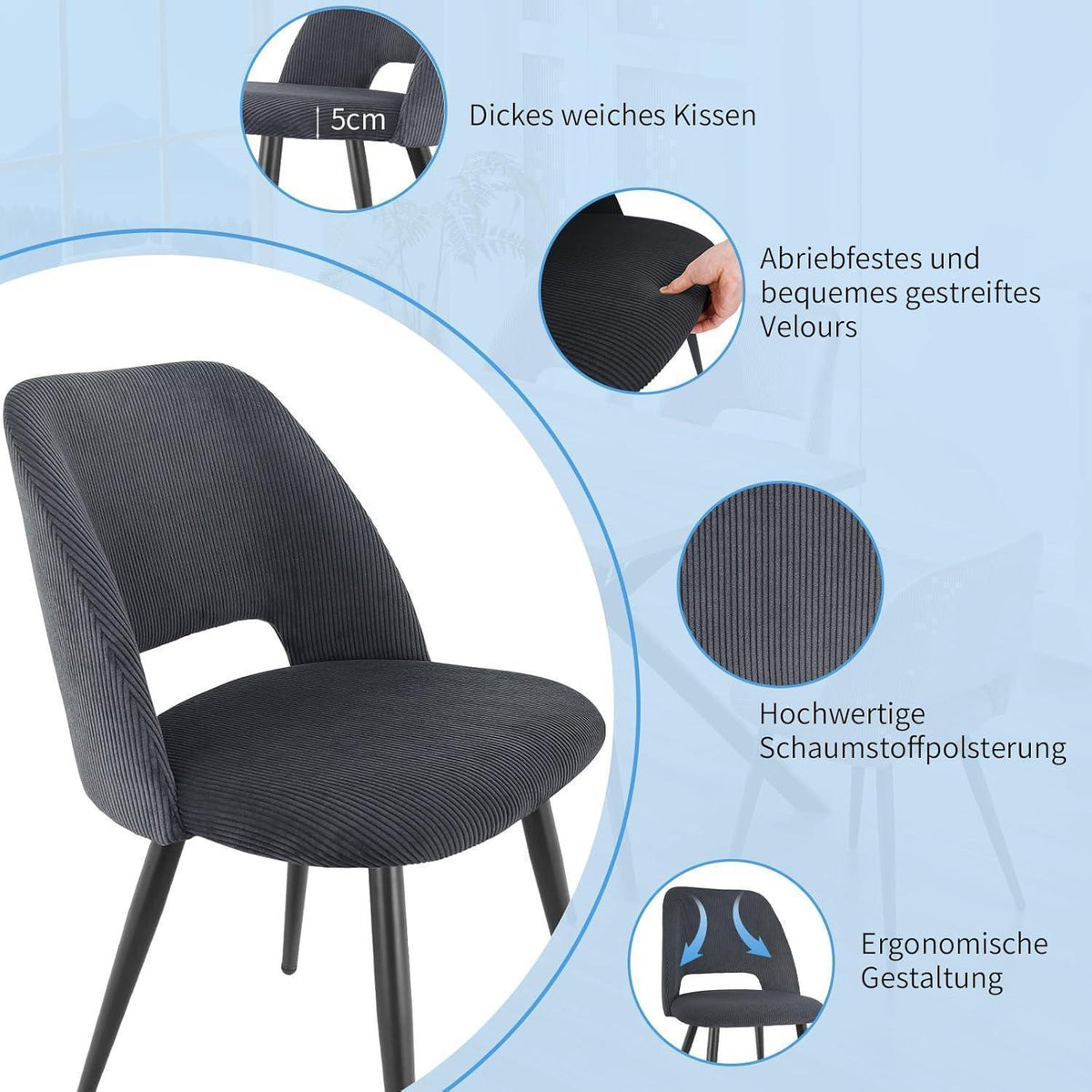 Esszimmerstühle Set 4 - Gepolsterte Samtstühle Schwarz