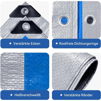 Wasserdichte Plane 5x6m – Silber/Blau, UV & Reißfest