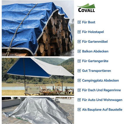 Wasserdichte Plane 8x8m – UV- & Reißfest, Silber/Blau