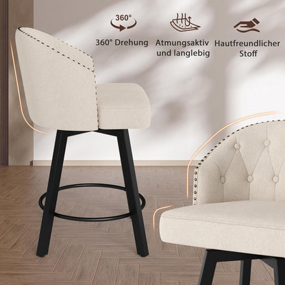 Drehbarer Barhocker Set 2x – Leinenfarben, 65cm hoch