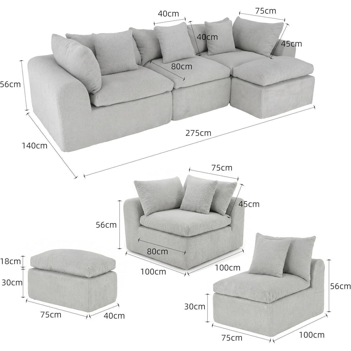 275cm L-förmiges Schlafsofa, 4-Sitzer Cloud-Velours Grau