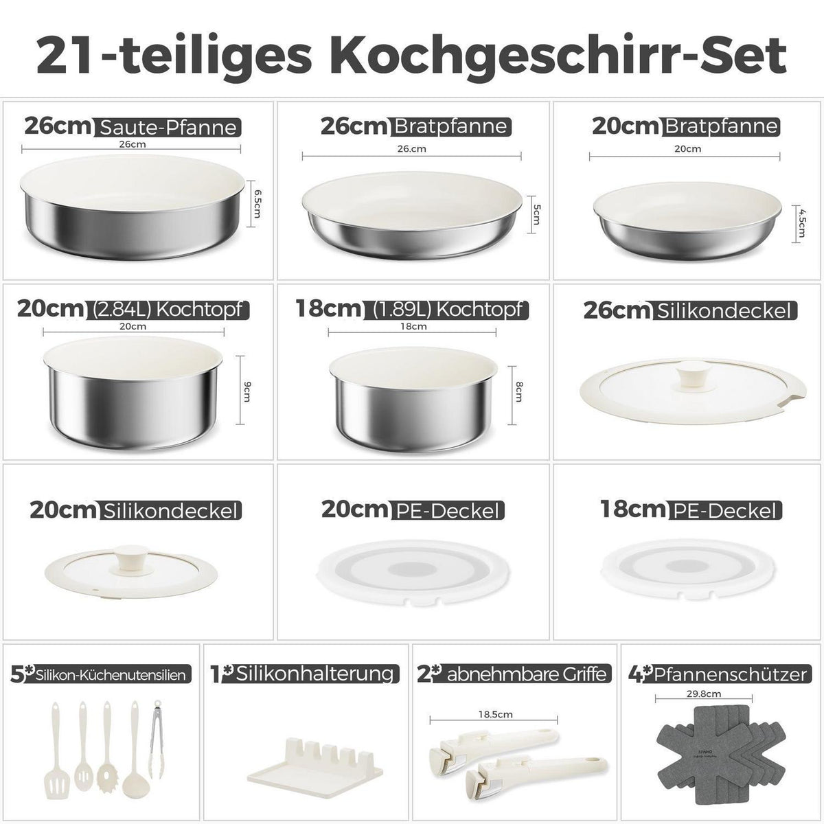 21-teiliges Topfset mit abnehmbarem Griff – Antihaft Keramik Weiß