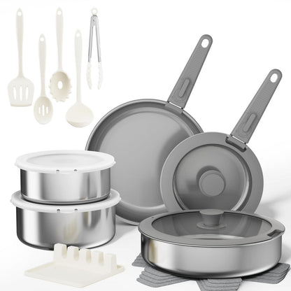 21-teiliges Topfset mit abnehmbarem Griff – Grau
