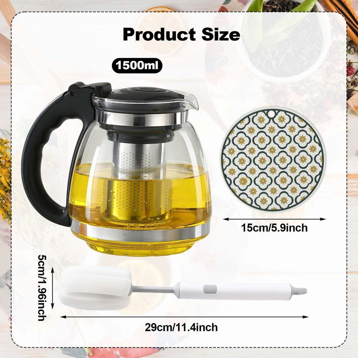Große Glasteekanne 1.5L mit Sieb, Bürste & Wärmeisolierung