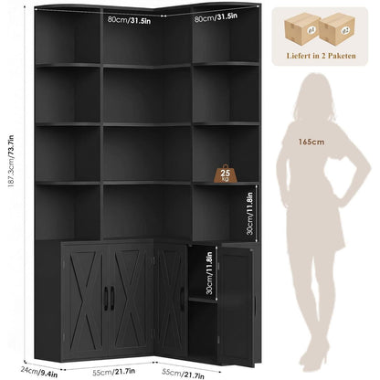 Eckregal 187cm mit Türen & 12 Fächern – L-förmiger Bücherschrank